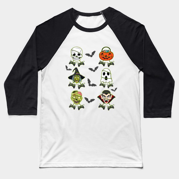 Halloween Skeleton Gaming Witch Vampire Zombie Baseball T-Shirt by lunacreat